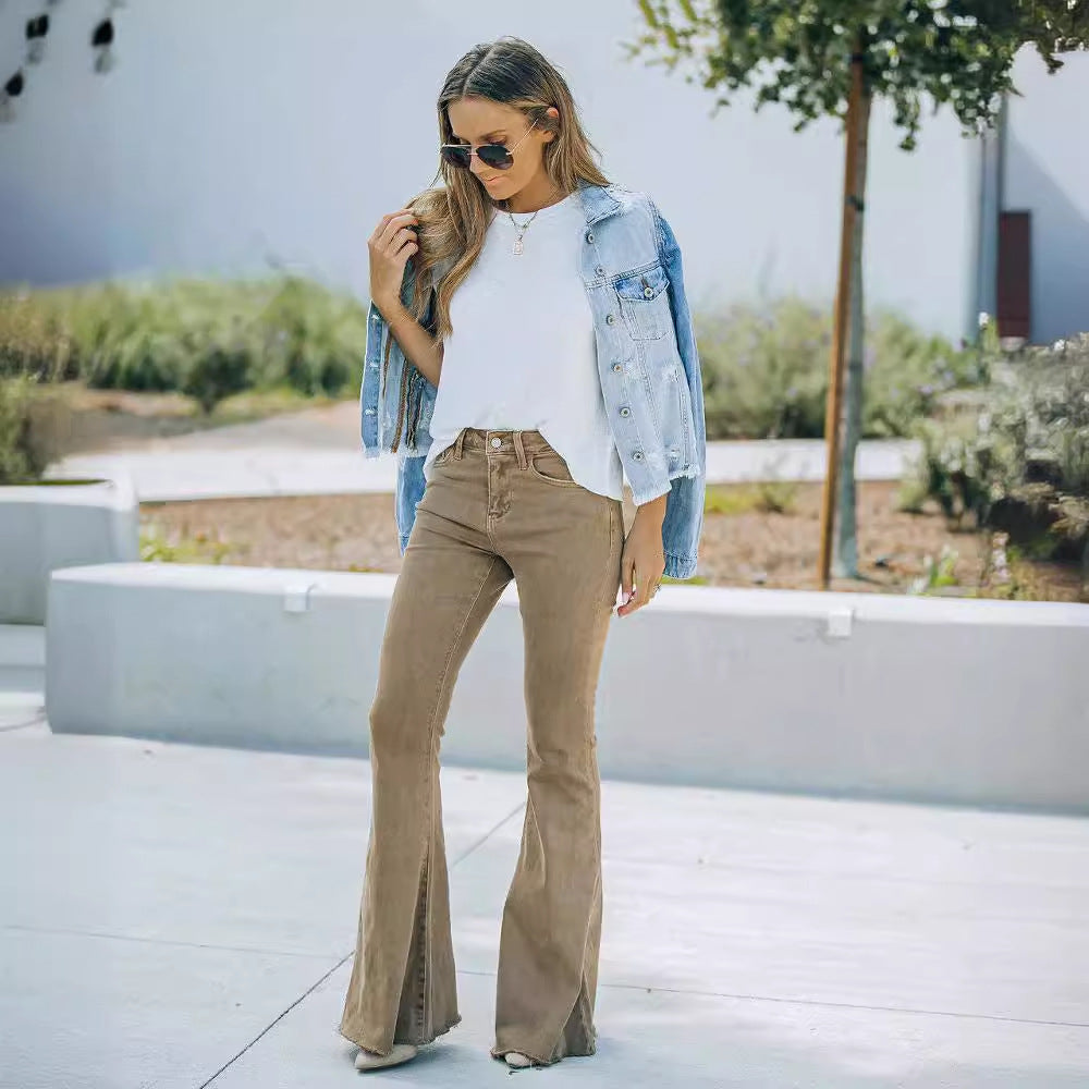 Damen High-Waist Flare Jeans Hohem Bund Stretch