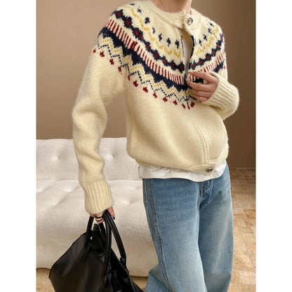 Damen Strickjacke Hochkragen Dekorative Knöpfe Beige