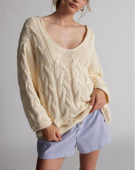 Damen Strickpullover Zopfmuster Weit Ausschnitt Eveloria
