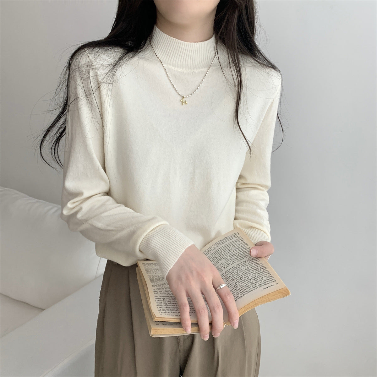 Damen Feinstrickpullover Stehkragen Lässig Eveloria