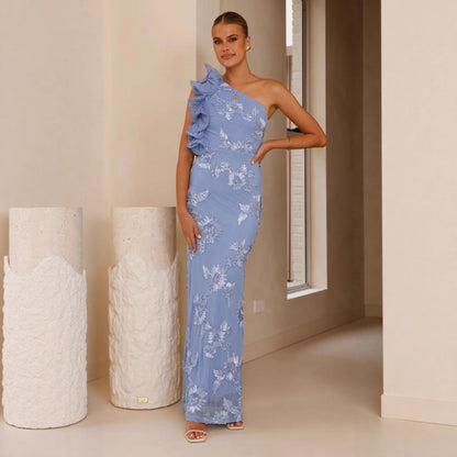 Damen Abendkleid Asymmetrischer Träger Florale Applikationen Eveloria