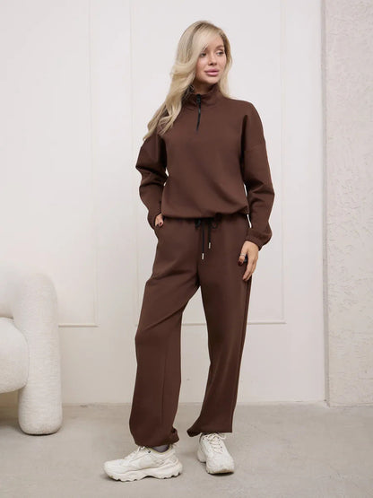 Damen Fleece-Jogginganzug Elastisch Halbzipp Reißverschluss Grau