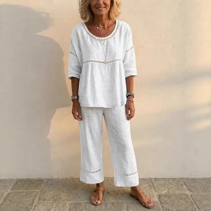 Damen Loungewear-Anzug Leinen Luftig Spitze Beige