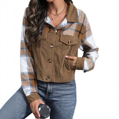 Damen Karottenjacke Kariert Cord Optik Braun