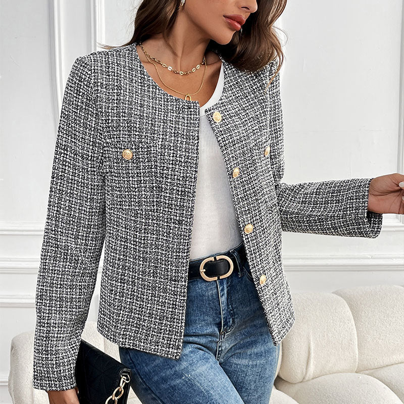 Damen Bouclé-Jacke Elegant Goldknöpfe Beige - Eveloria