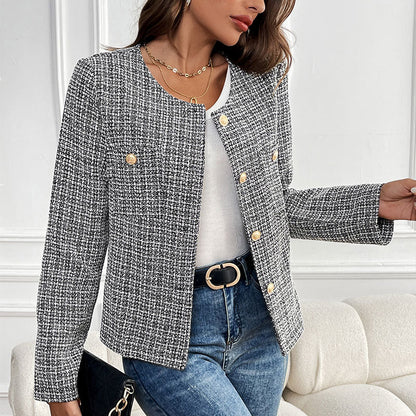 Damen Bouclé-Jacke Elegant Goldknöpfe Beige - Eveloria