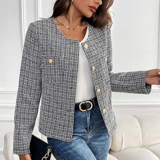 Damen Bouclé-Jacke Elegant Goldknöpfe Beige - Eveloria
