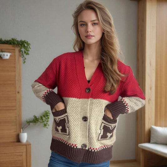 Damen Strickjacke V-Ausschnitt Dekorative Taschen Eveloria - Eveloria