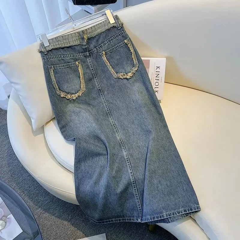 Damen Denim-Midi-Rock mit Frontschlitz Blau