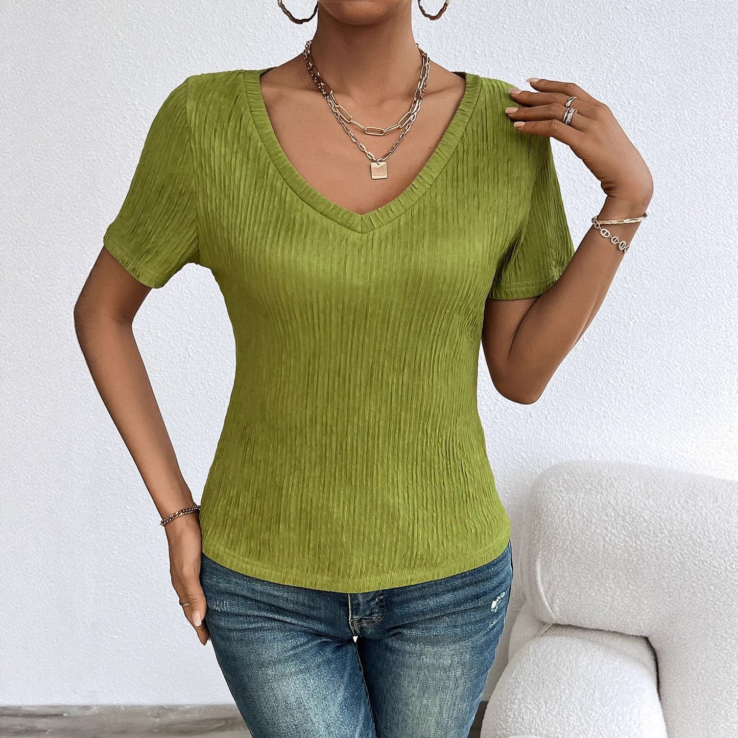 Damen Kurzarmshirt V-Ausschnitt Rippstruktur Eveloria