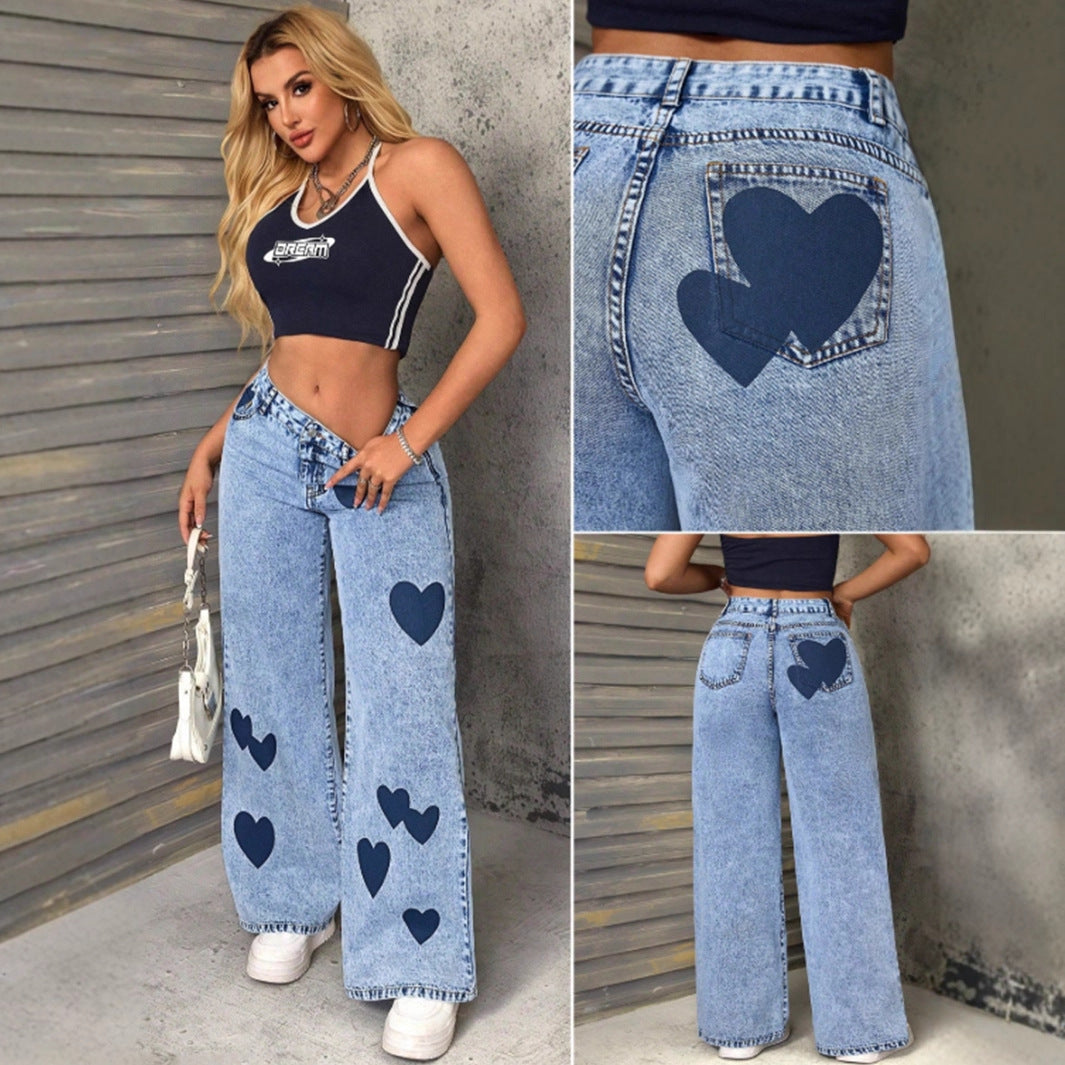 Damen Weite Jeans Herzen-Applikationen Eveloria - Eveloria