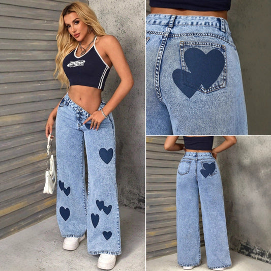 Damen Weite Jeans Herzen-Applikationen Eveloria - Eveloria