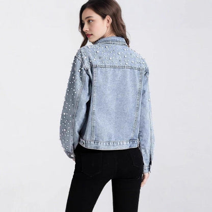 Damen Denimjacke Perlenverzierungen Blau Eveloria