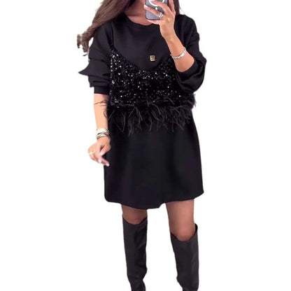 Damen Sweatkleid mit Pailletten und Federn