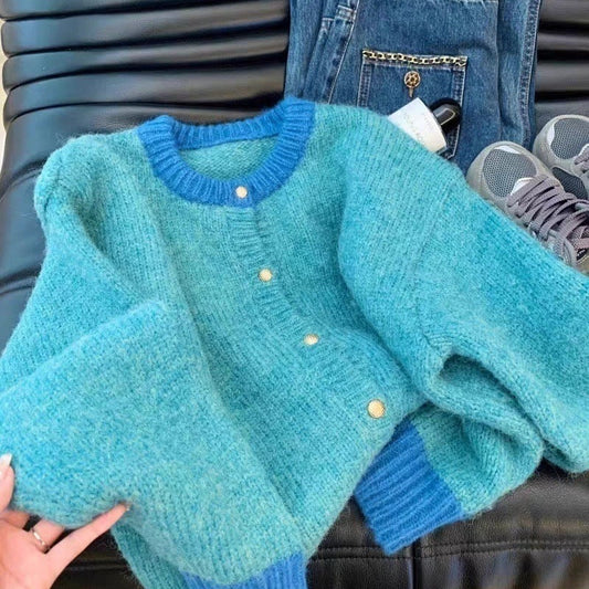 Damen Strickjacke Weich Kontrastbündchen Schwarz Eveloria - Eveloria
