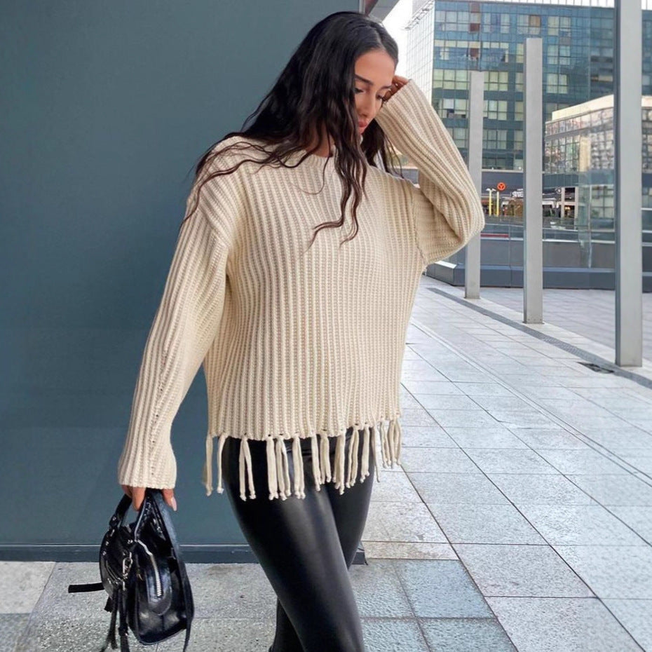 Damen Grobstrickpullover Fransen Weite Ärmel Beige