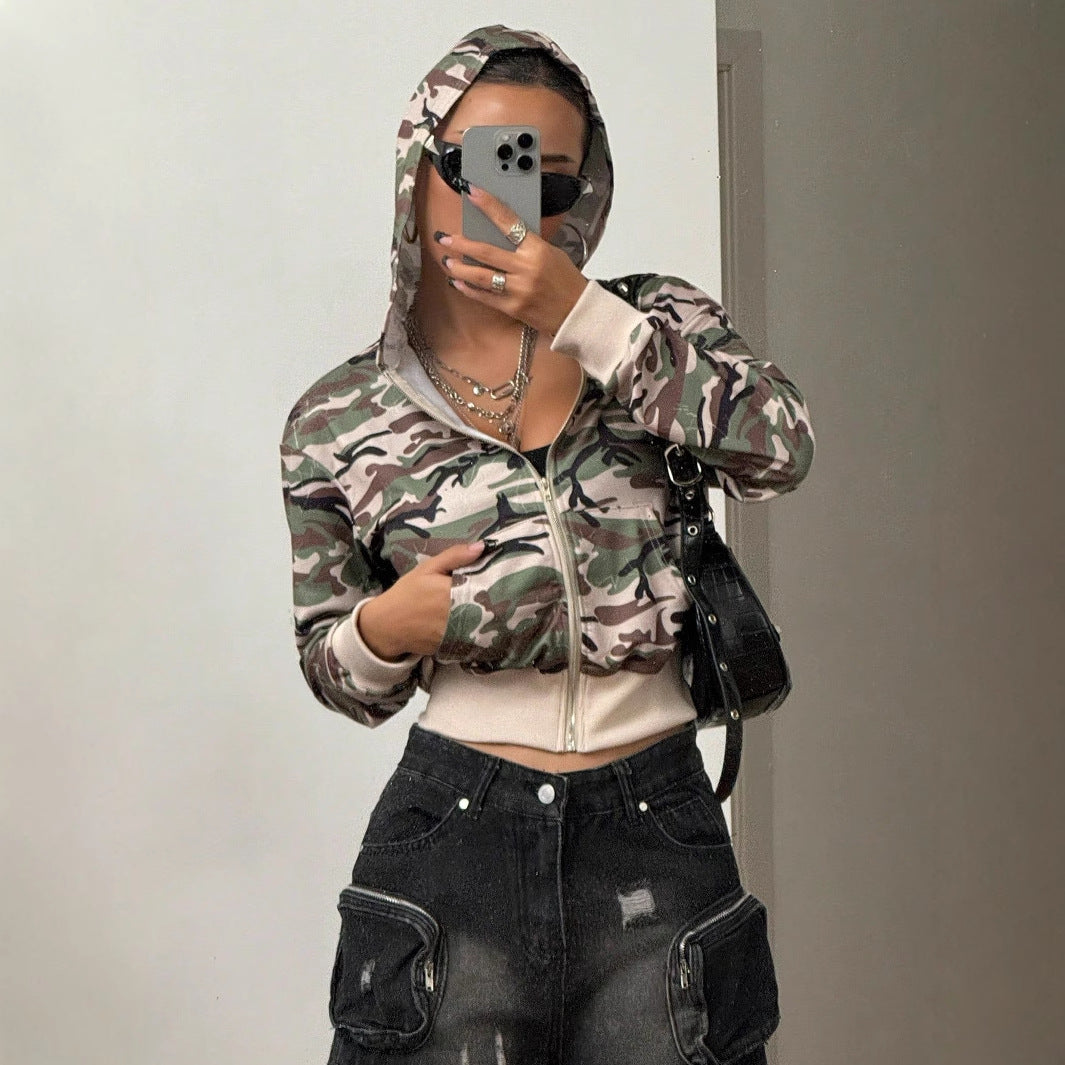 Damen Kapuzenjacke Kurz Camouflage Stil Eveloria