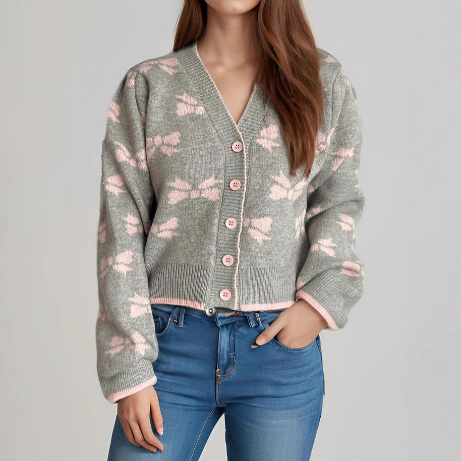 Damen Strickjacke Kuschelig Dekoratives Motiv Beige