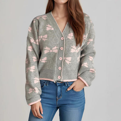 Damen Strickjacke Kuschelig Dekoratives Motiv Beige