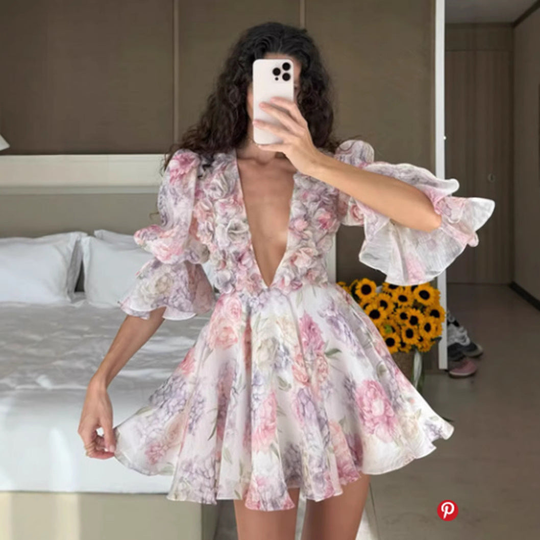 Damen Maxikleid Fließend Rüschen Blumenmuster - Eveloria