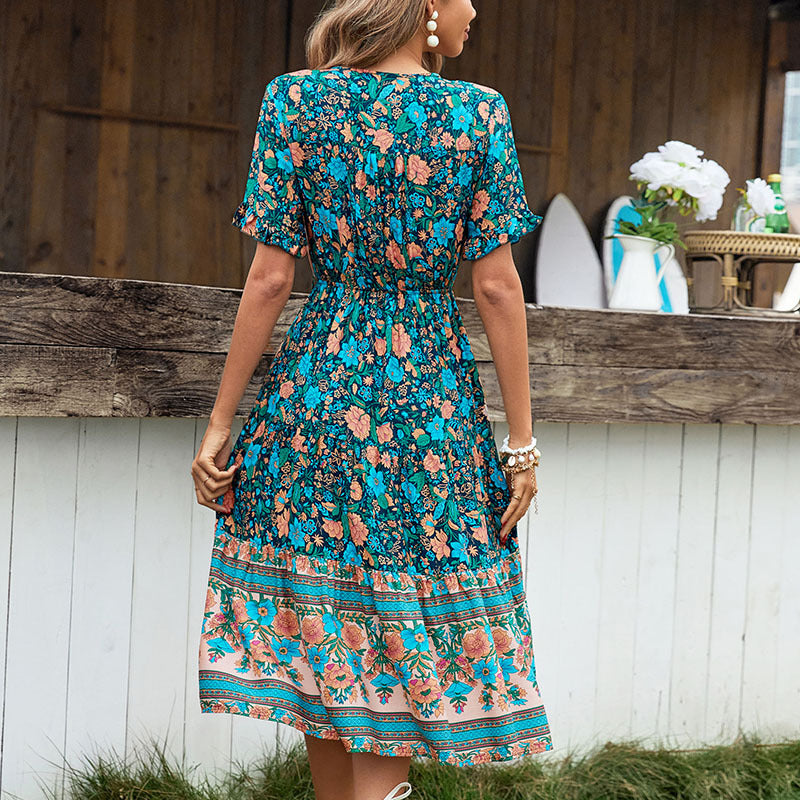 Damen Midikleid Floralmuster Tailliert Eveloria