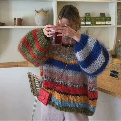 Damen Strickpullover Bunt Streifenmuster Luftig