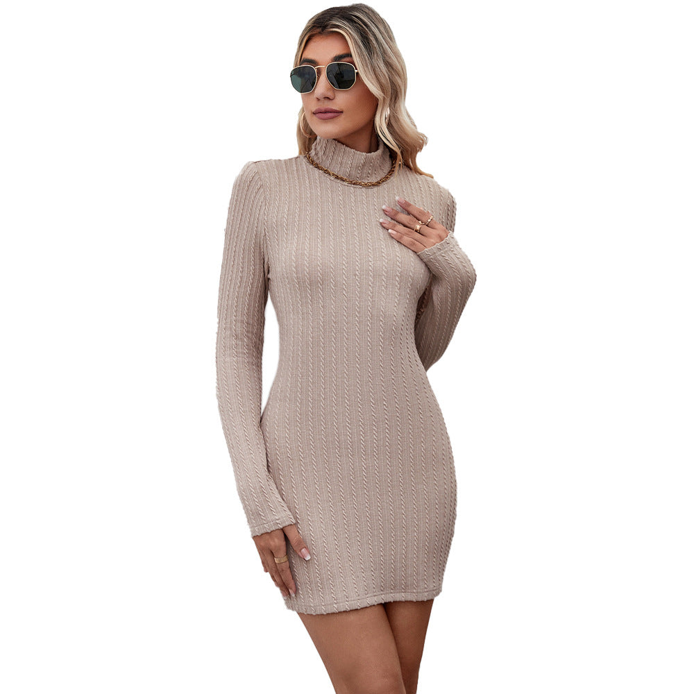 Damen Langarmkleid Stehkragen Rippstruktur Eveloria