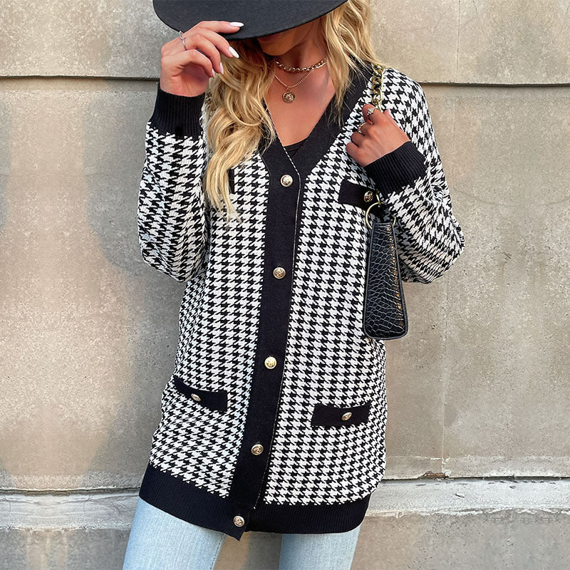 Damen Strickcardigan Hahnentritt-Muster Große Knöpfe Lang