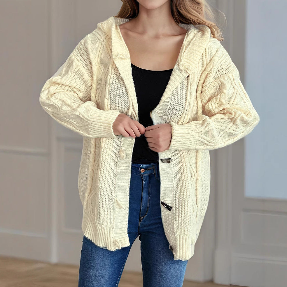 Damen Grobstrick Cardigan mit Zopfmuster und Kapuze Beige