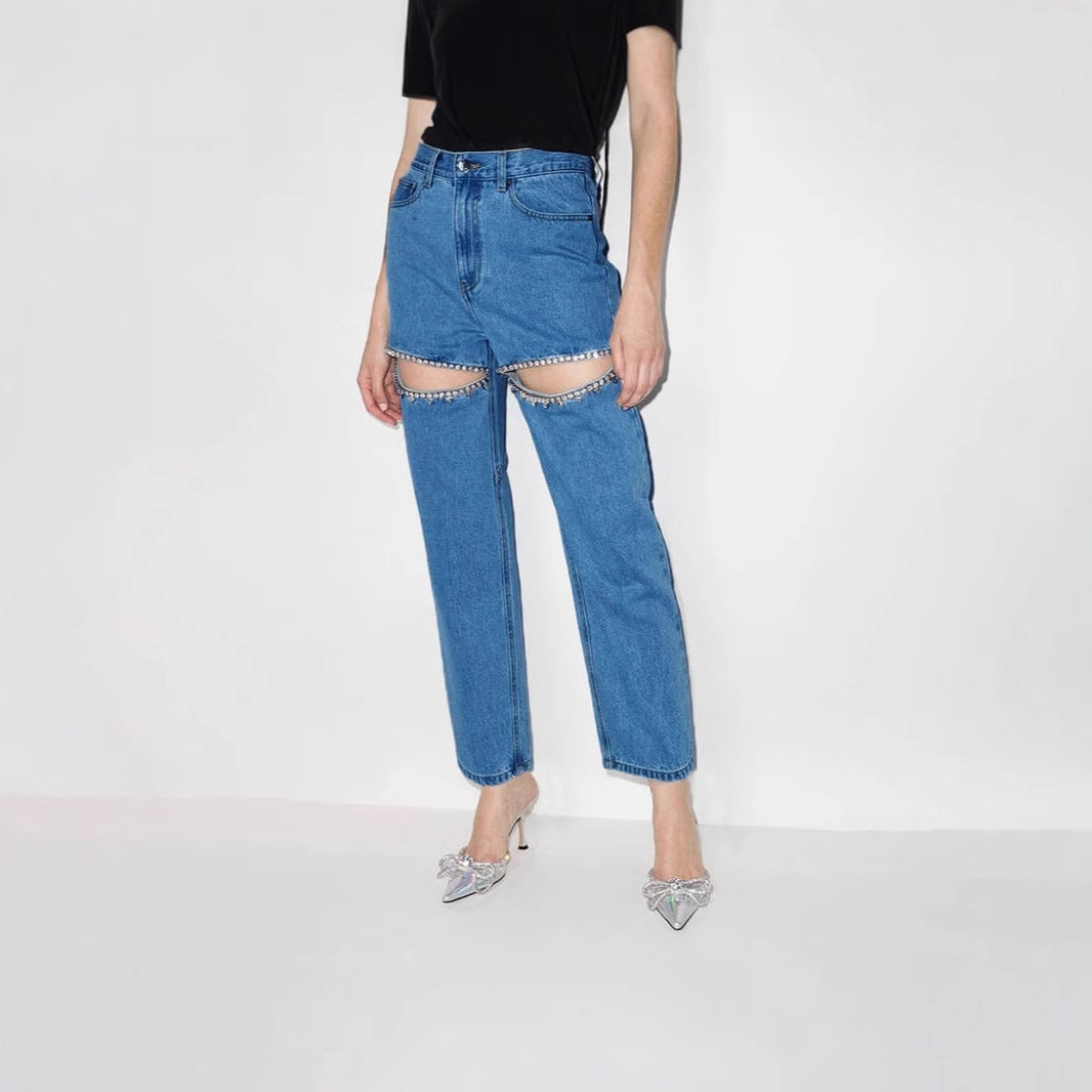 Damen Destroyed Jeans mit Applikationen Glitzer Effekt Eveloria