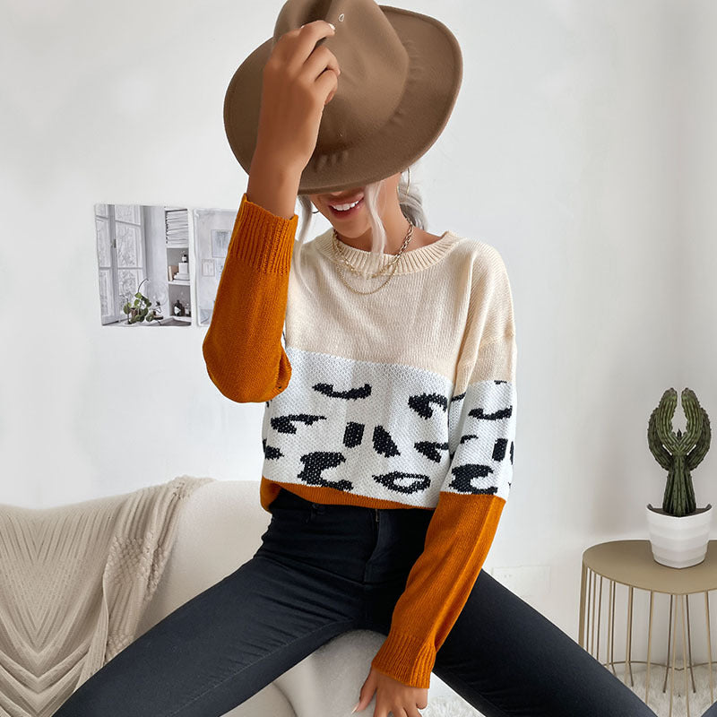 Damen Strickpullover Farbblock-Design Tiermuster