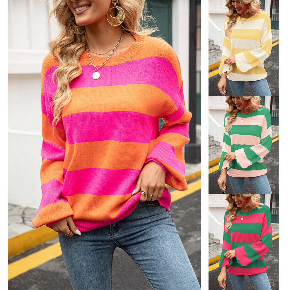 Damen Pullover Streifenmuster Weit Ärmel Beige - Eveloria
