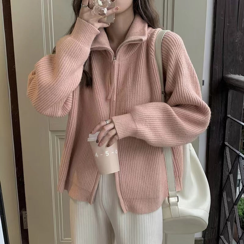 Damen Strickpullover Halbhohes Modell Mit Reißverschluss Beige