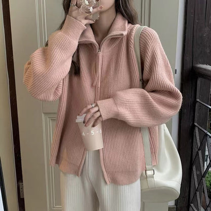 Damen Strickpullover Halbhohes Modell Mit Reißverschluss Beige