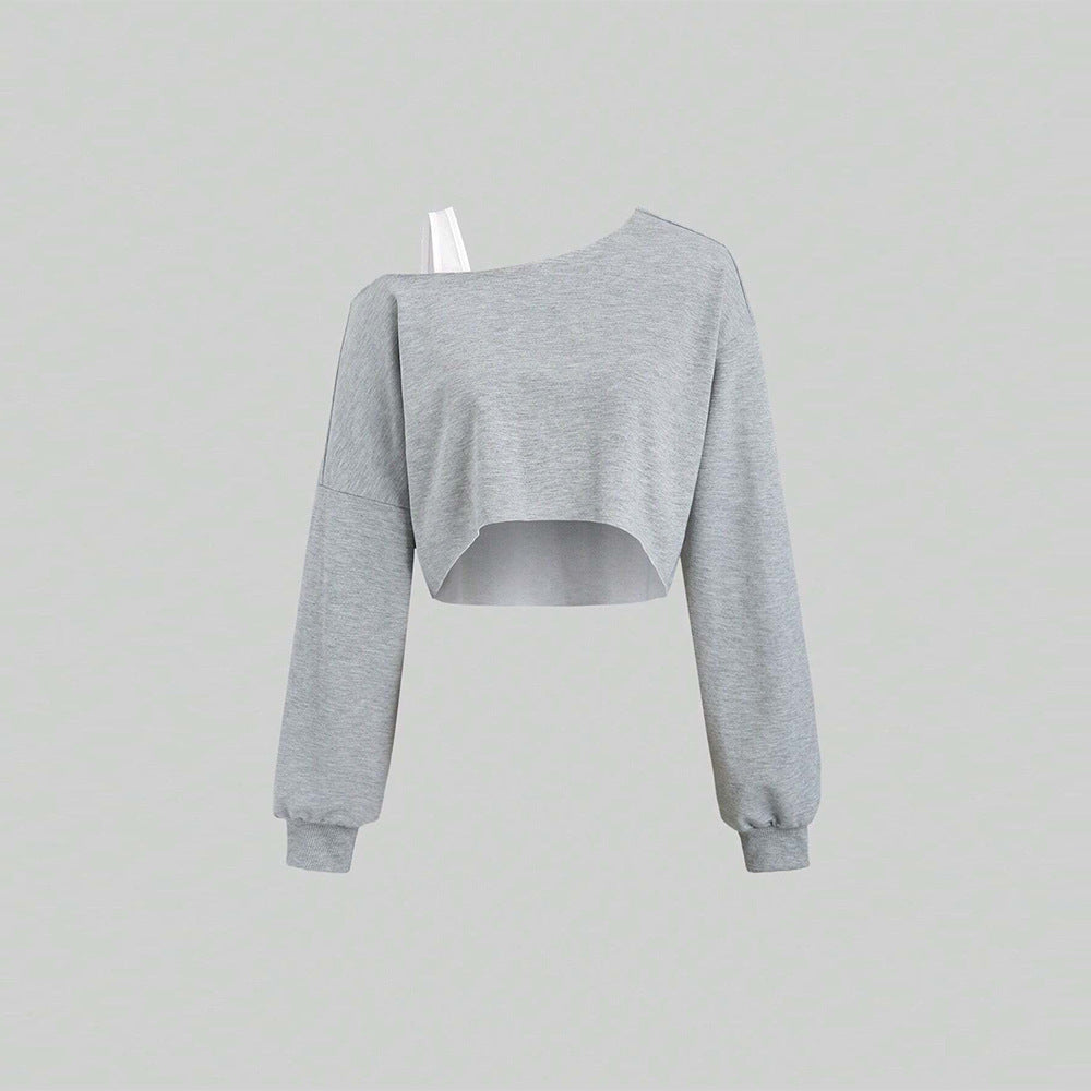 Damen Cropped Sweatshirt Asymmetrisch Voluminöse Ärmel Grau Eveloria - Eveloria
