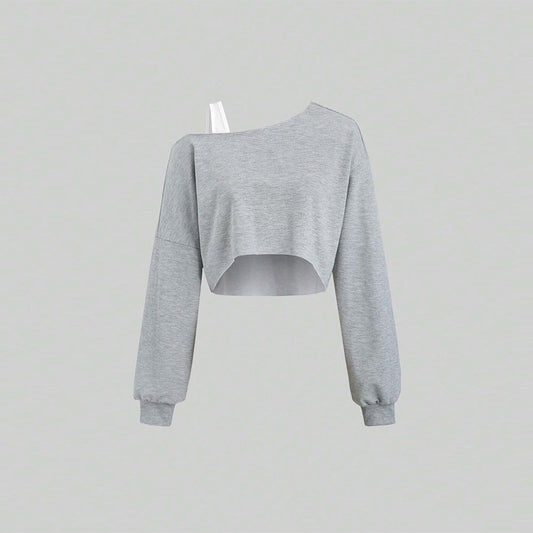 Damen Cropped Sweatshirt Asymmetrisch Voluminöse Ärmel Grau Eveloria - Eveloria
