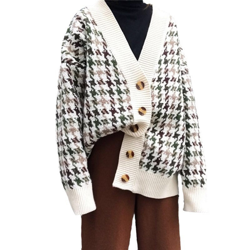 Damen Strickjacke Houndstooth Muster Eveloria