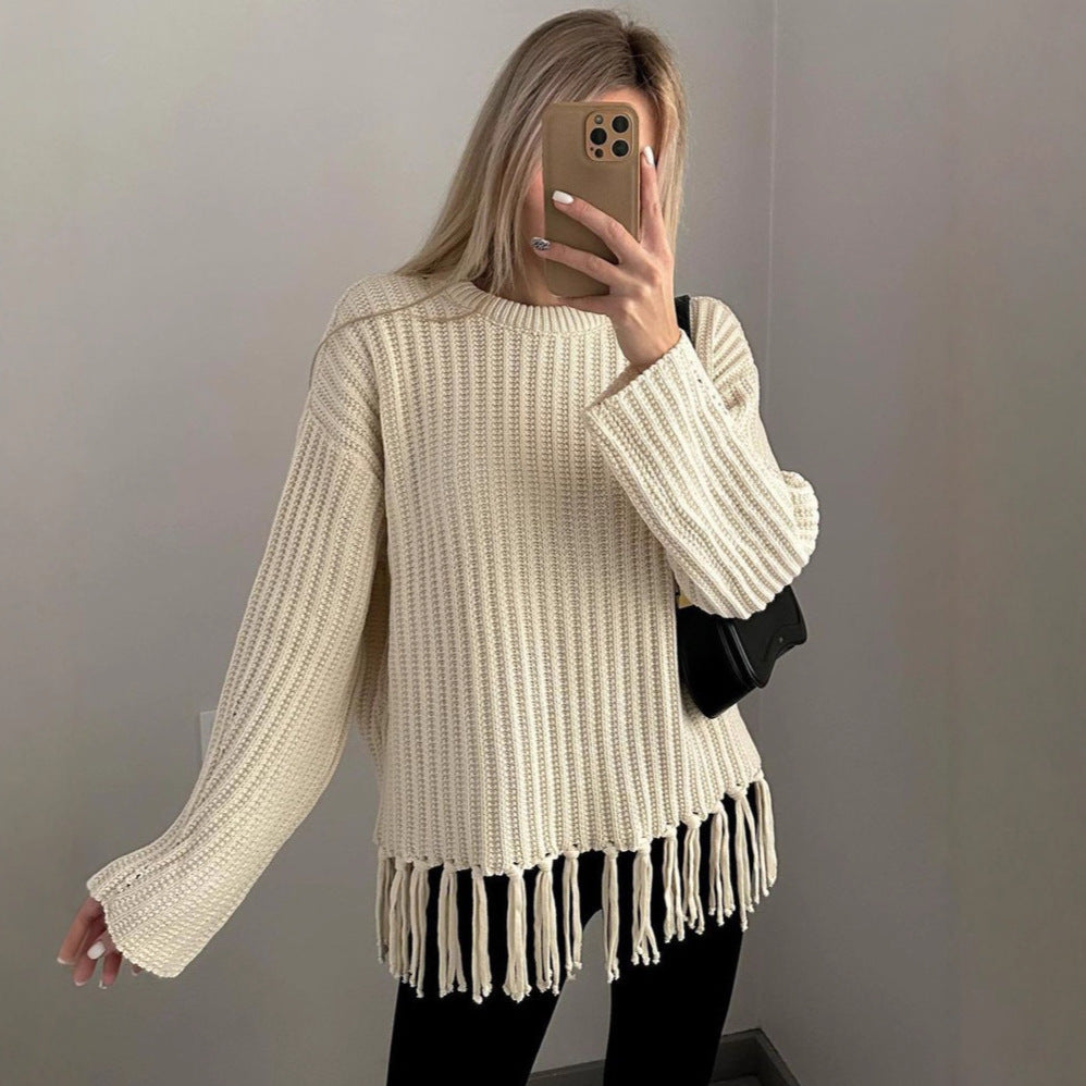 Damen Grobstrickpullover Fransen Weite Ärmel Beige