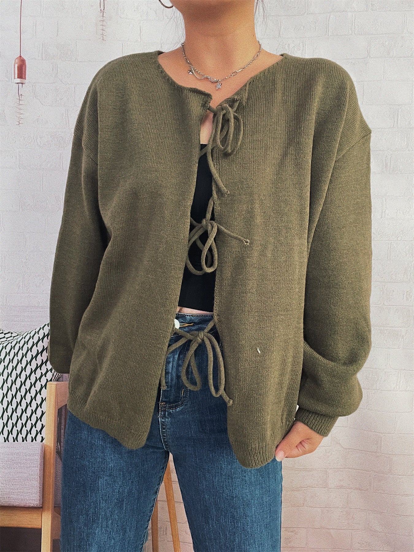 Damen Strickcardigan Lässig Kordelzug Offene Vorderseite Beige