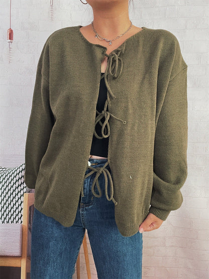 Damen Strickcardigan Lässig Kordelzug Offene Vorderseite Beige