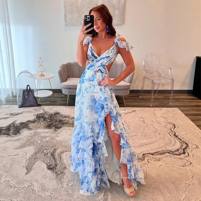 Damen Maxikleid Rüschen Floralmuster