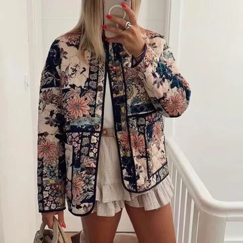 Damen Steppjacke Florales Design Praktische Taschen