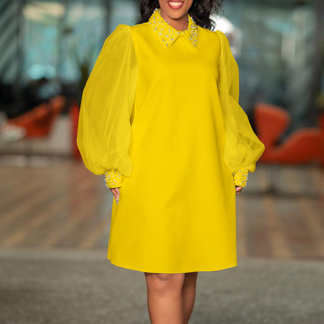 Damen Kleid mit Tüllärmeln und verziertem Kragen - Eveloria