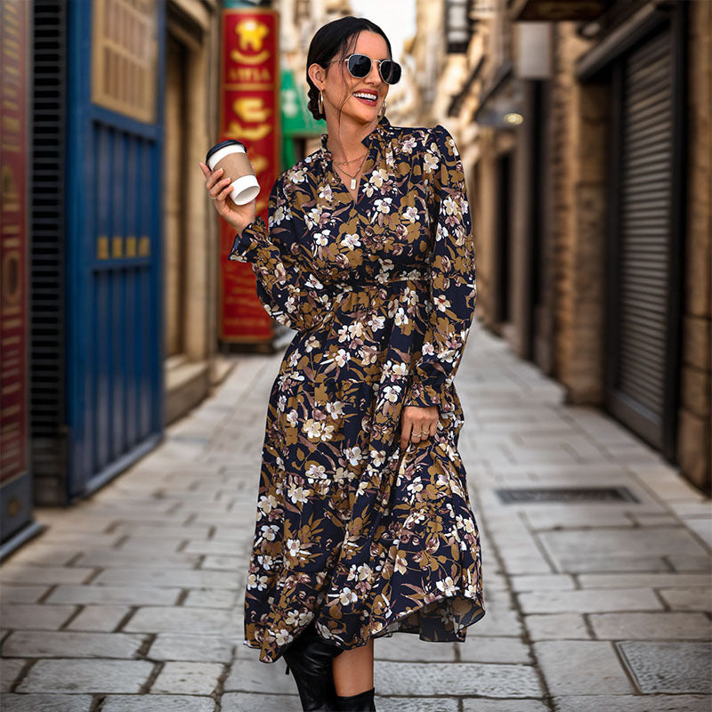 Damen Maxikleid Flora Taillengürtel Fließend