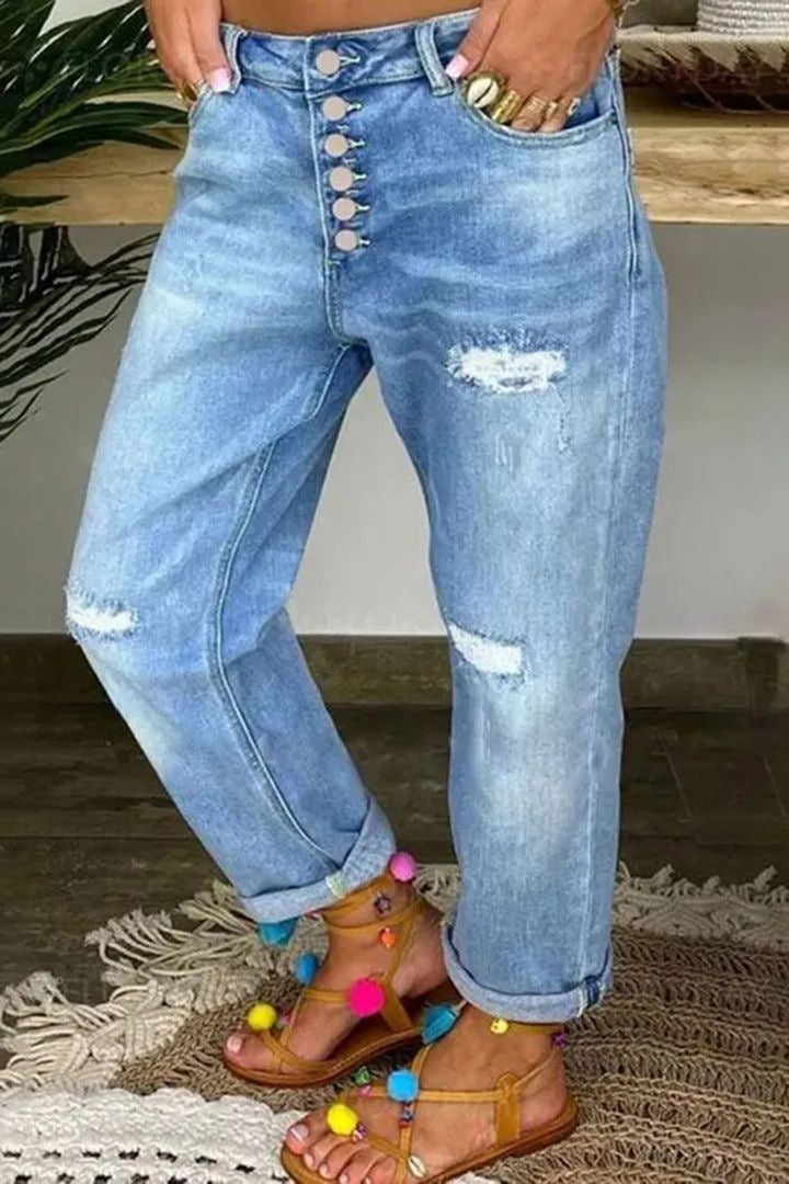 Damen Relaxed Fit Jeans Hochknöpfe Distressed Denim Blau Eveloria