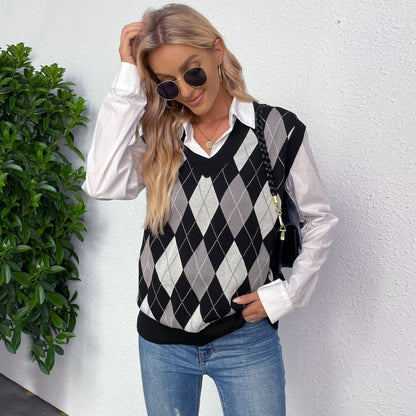 Damen Ärmelloser Pullover Rautenmuster V-Ausschnitt Eveloria