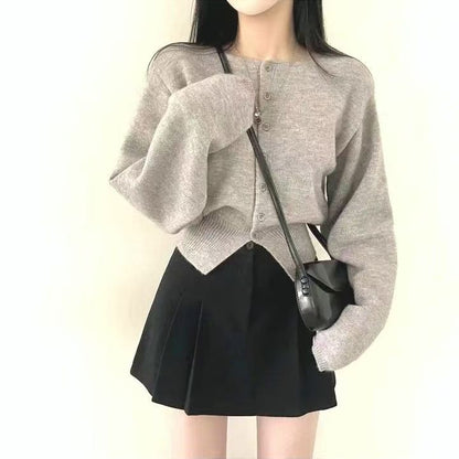 Damen Strickjacke Cropped Oversized Ärmel Knopfleiste Eveloria