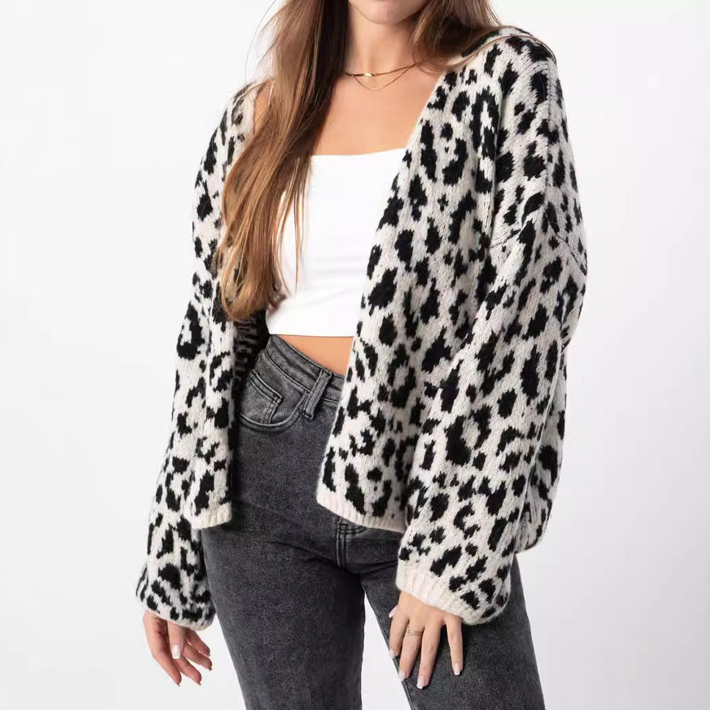 Damen Strickjacke Leopardenmuster Oversized Voluminöse Ärmel - Eveloria