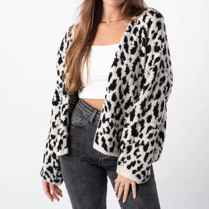 Damen Strickjacke Leopardenmuster Oversized Voluminöse Ärmel - Eveloria