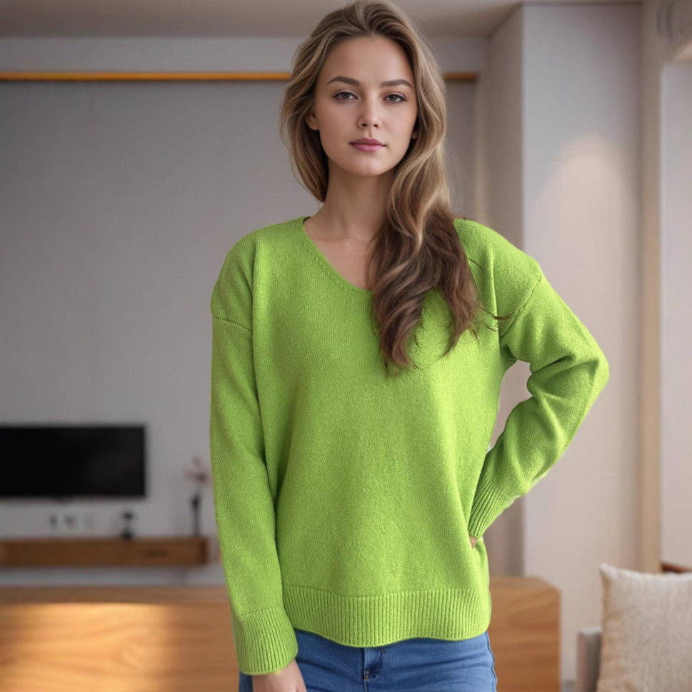 Damen Pullover V-Ausschnitt Weiches Strickmaterial Beige